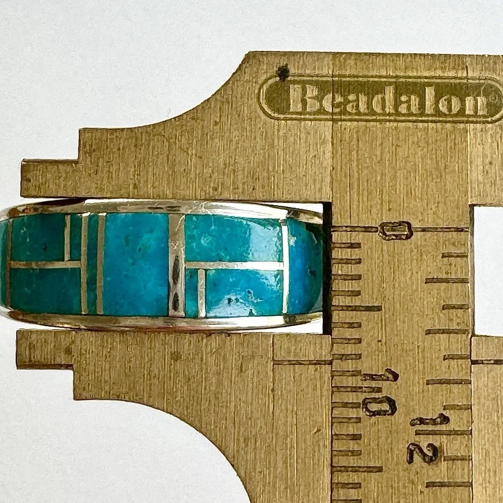 Mens Navajo Wedding Band 13 Ring Turquoise 9mm Inlay Signed Tolino Native Blue